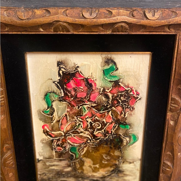 Vintage 1965 Palette Knife Floral Oil Painting Signed MCM Wood Velvet Frame - Picture 7 of 16
